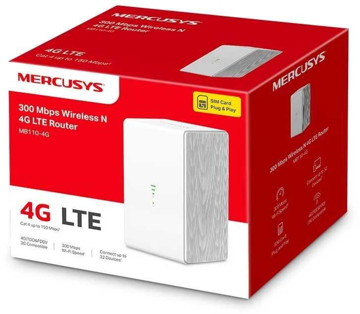 „Mercusys“ | 300 Mbps belaidis N 4G LTE maršrutizatorius | MB110-4G | 802.11n | 10/100 Mbit/s | Ethernet LAN (RJ-45) jungtys 1 | Palaikomas tinklelis: Ne | MU-MiMO: Ne | 3G/4G duomenų bendrinimas | Antenos tipas: Išorinė
