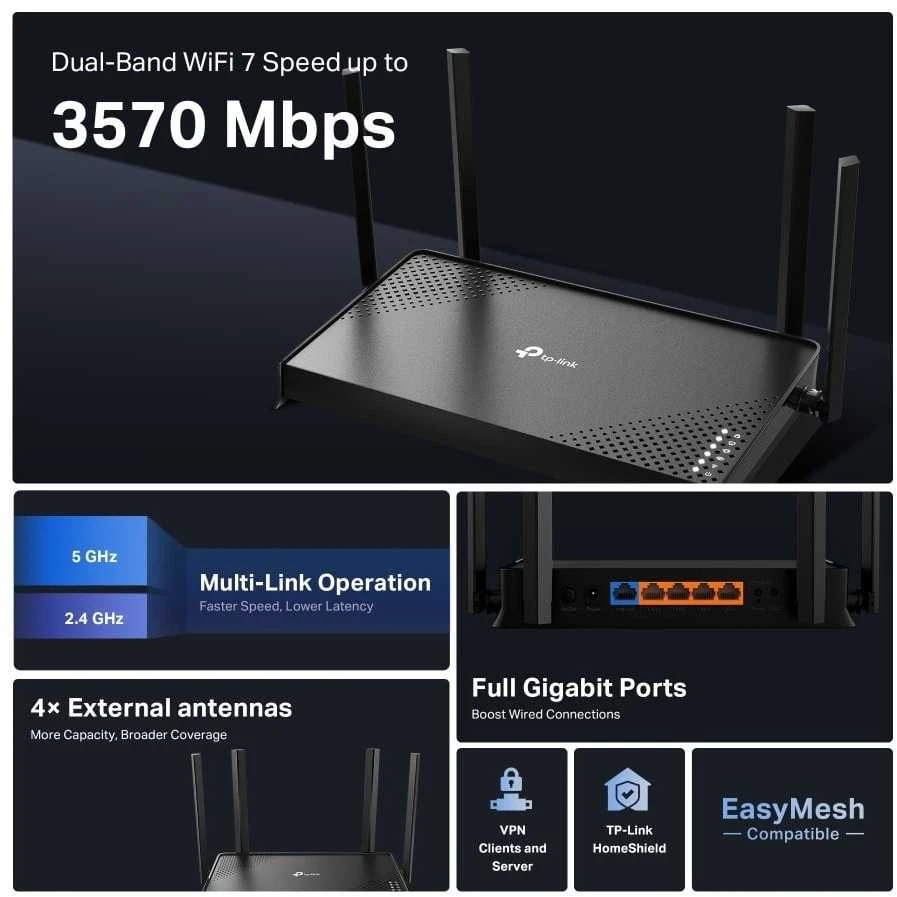 WRL maršrutizatorius 3600MBPS 1000M WRL maršrutizatorius 3600MBPS 1000M 5P Dviejų dažnių ARCHER BE220 TP-LINK 5P