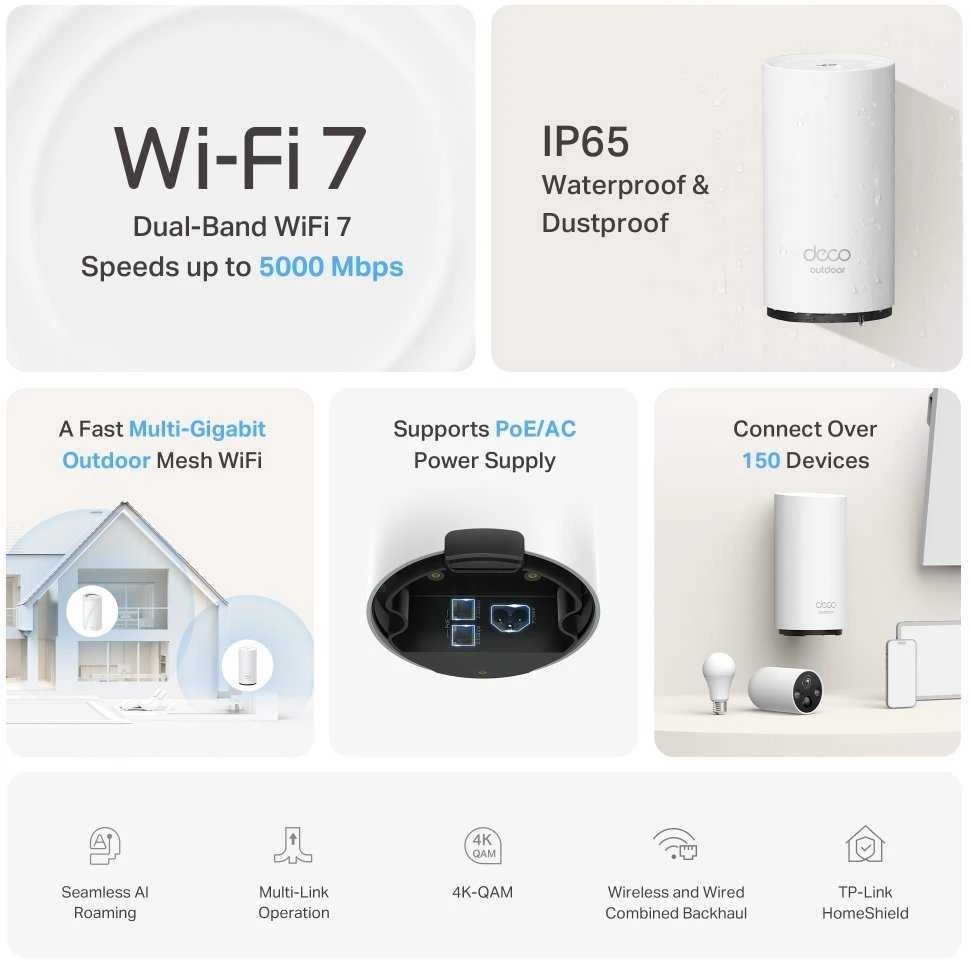 TP-LINK BE3600 lauko/vidaus Mesh WiFi 7 maršrutizatorius | Deco BE25-Outdoor (1 vnt. pakuotė) | 802.11ax | 2.4 GHz / 5 GHz | MU-MiMO Ne | PoE įvestis