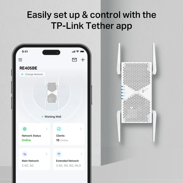 Maršrutizatorius TP-LINK BE6500 dviejų dažnių „Wi-Fi 7“ diapazono plėtiklis | RE405BE | 2,4 GHz, 5 GHz | 802.11ax | 688/5764 Mbit/s | Ethernet LAN (RJ-45) jungtis 1 | MU-MiMO Ne | PoE