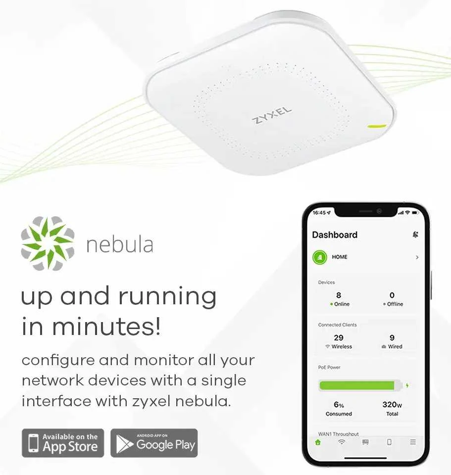 Maršrutizatorius ZYXEL WIFI 6 AP, PRIEIGOS TAŠKAS, NWA50AXPRO, AX3000, 2X2:3X3 MU-MIMO, 2,5 GB LAN prievadas, POE+ (802.3AT), autonominis/NEBULA debesies valdomas įrenginys, įskaitant maitinimo adapterį (2 metų garantija)