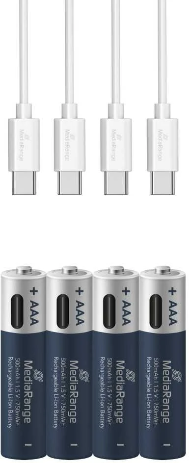 „MediaRange“ įkraunamos USB-C ličio jonų baterijos, mikro AAA, 1,5 V, 500 mAh, 4 vnt.