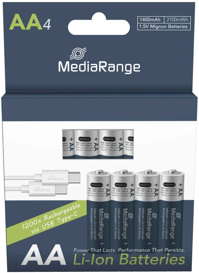 „MediaRange“ įkraunamos USB-C ličio jonų baterijos, AA, 1,5 V, 1400 mAh, 4 vnt.