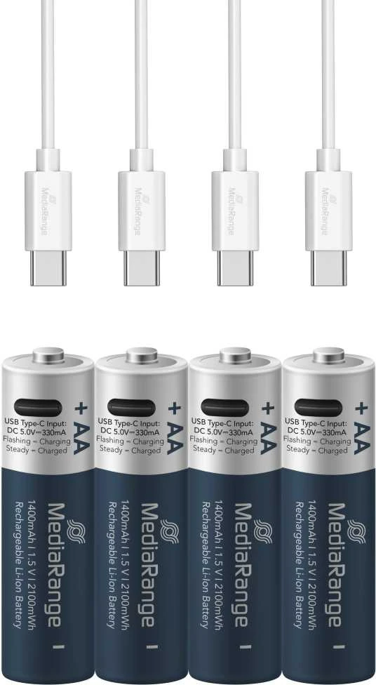 MediaRange USB-C AA baterijos su įkrovimo laidais