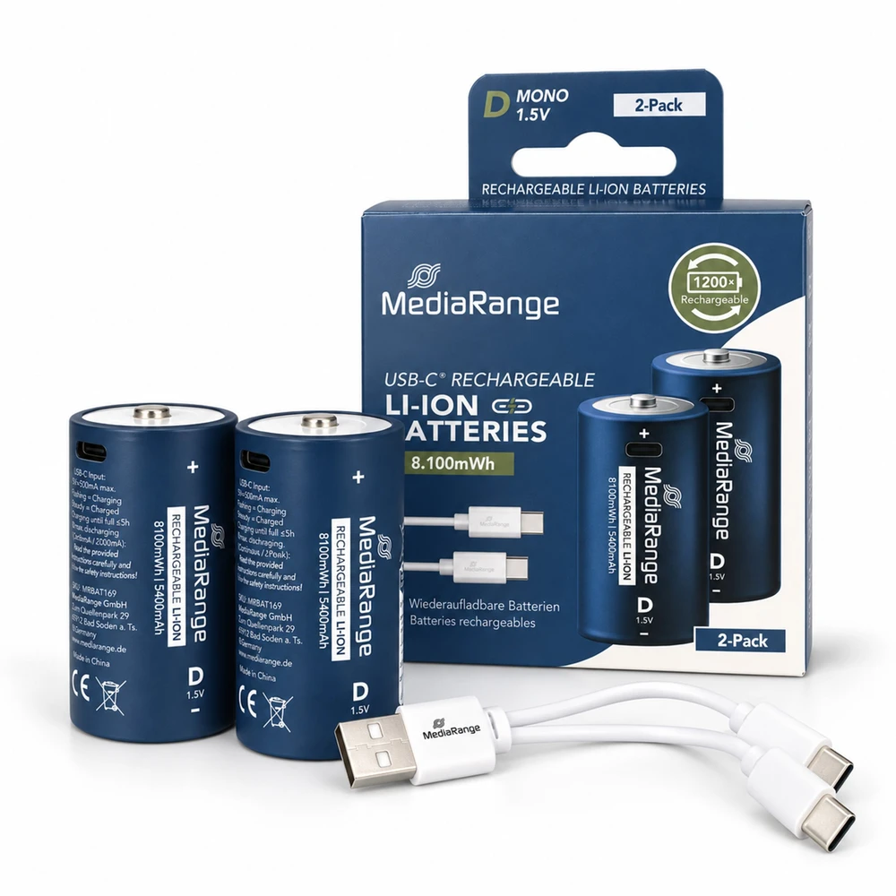 MediaRange Rechargeable USB-C Li-Ion Batteries - Type D, 1.5V, 5400 mAh, 2 vnt.
