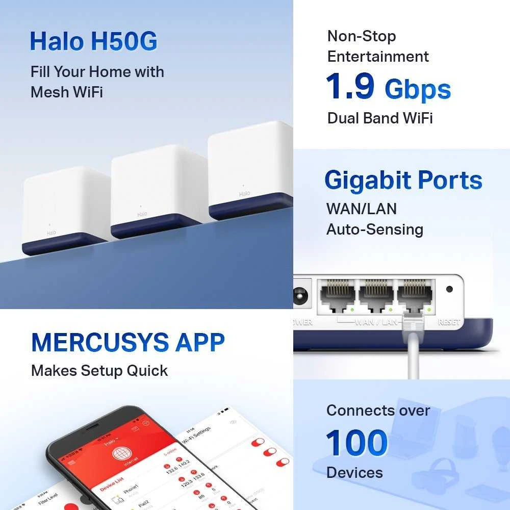 Maršrutizatorius TP-Link „Mercusys“ | AC1900 viso namo tinklinio „Wi-Fi“ sistema | „Halo H50G“ (3 vnt. pakuotė) | 802.11ac | 1300+600 Mbps | Ethernet LAN (RJ-45) jungtys 3 | Tinklo palaikymas: Taip | MU-MiMO: Taip | Mobilusis plačiajuostis ryšys: Be