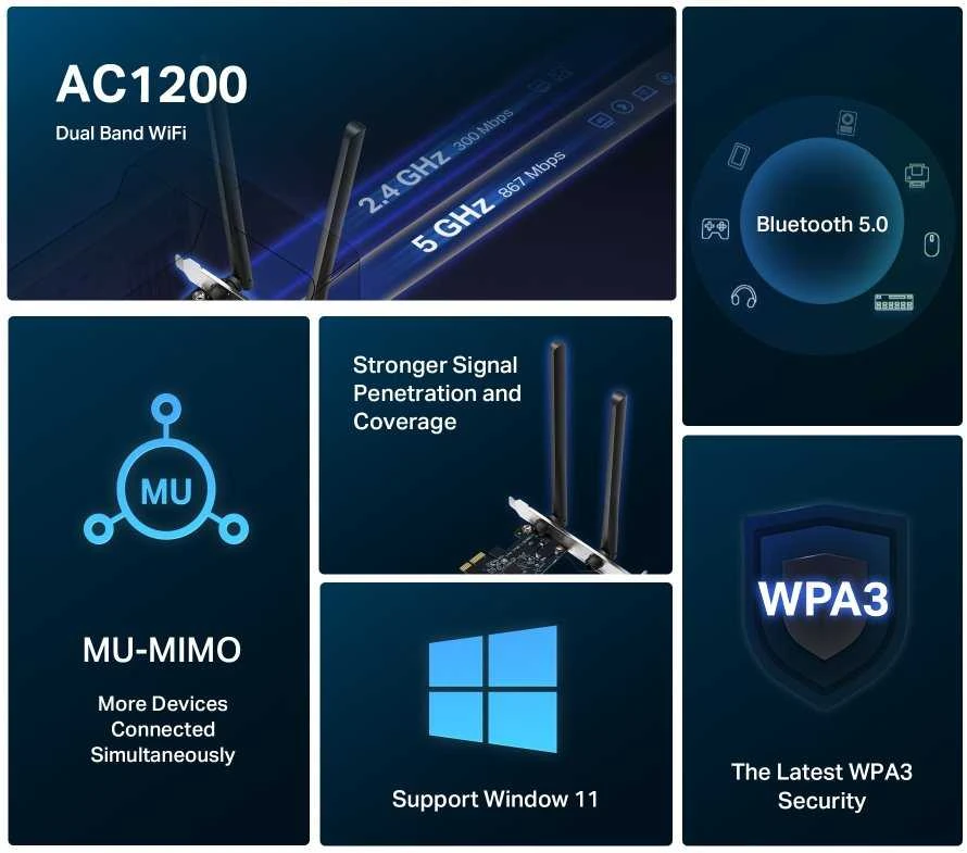 MERCUSYS MA30E WiFi5 PCIe adapteris (AC1200,2,4GHz / 5GHz,Bluetooth5.0)