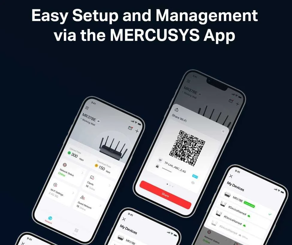 Mercusys | BE6500 dviejų dažnių „Wi-Fi 7“ maršrutizatorius | MR37BE | 802.11be | 688/5760 Mbit/s | Ethernet LAN (RJ-45) jungtys 3 | Tinklo palaikymas: Ne | MU-MiMO: Ne | Mobilusis plačiajuostis ryšys: Ne | Antenos tipas: Fiksuota, Daugiakryptė antena