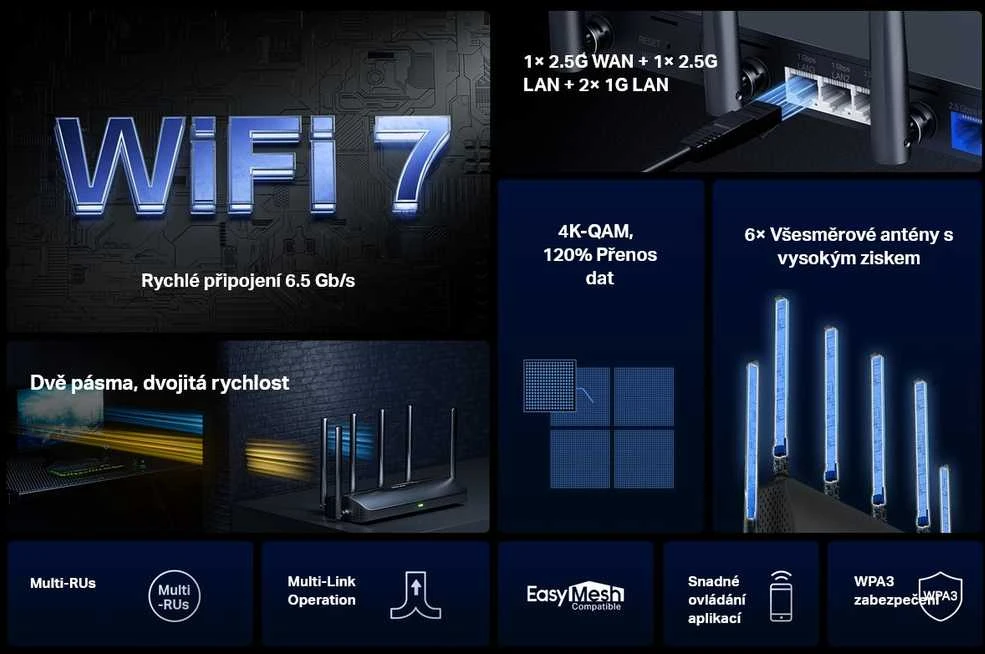 Mercusys | BE6500 dviejų dažnių „Wi-Fi 7“ maršrutizatorius | MR37BE | 802.11be | 688/5760 Mbit/s | Ethernet LAN (RJ-45) jungtys 3 | Tinklo palaikymas: Ne | MU-MiMO: Ne | Mobilusis plačiajuostis ryšys: Ne | Antenos tipas: Fiksuota, Daugiakryptė antena