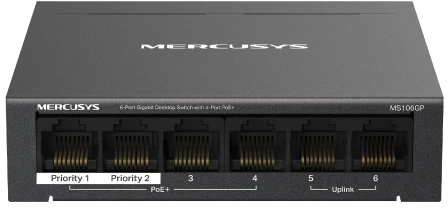 Šakotuvas MERCUSYS komutatorius MS106GP (6xGbE, 4xPoE+, 65W, be ventiliatoriaus)