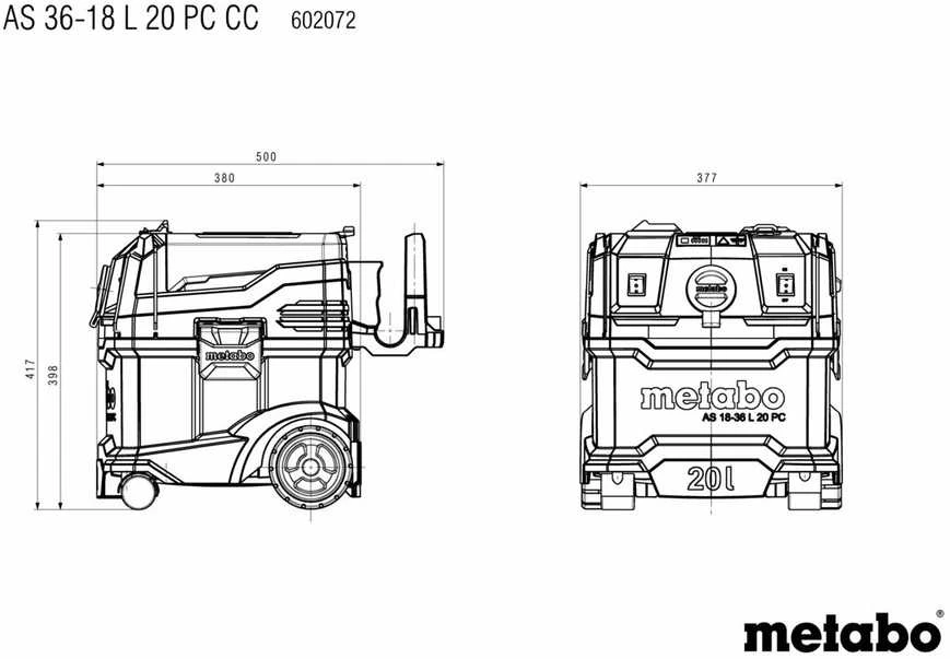 METABO Dulkių siurblys AS 36-18 L 20 PC-CC CARCASS 2x18V Z RĘCZNYM CZYSZCZENIEM FILTRA