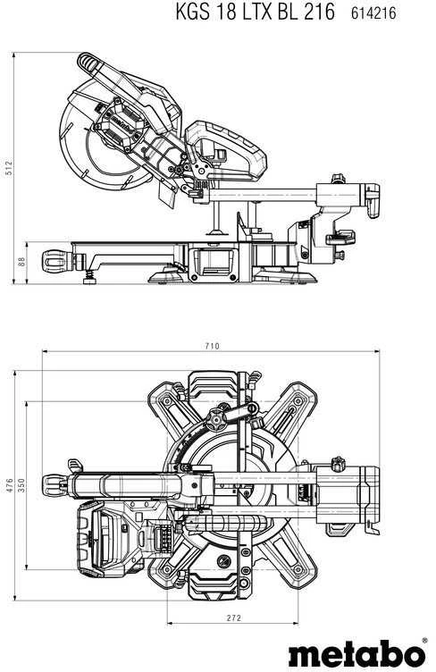 Metabo KGS 18 LTX BL 216 techninių matmenų schema