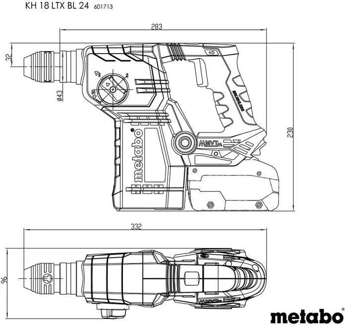 Metabo KH 18 LTX BL 24 techninis brėžinys su matmenimis
