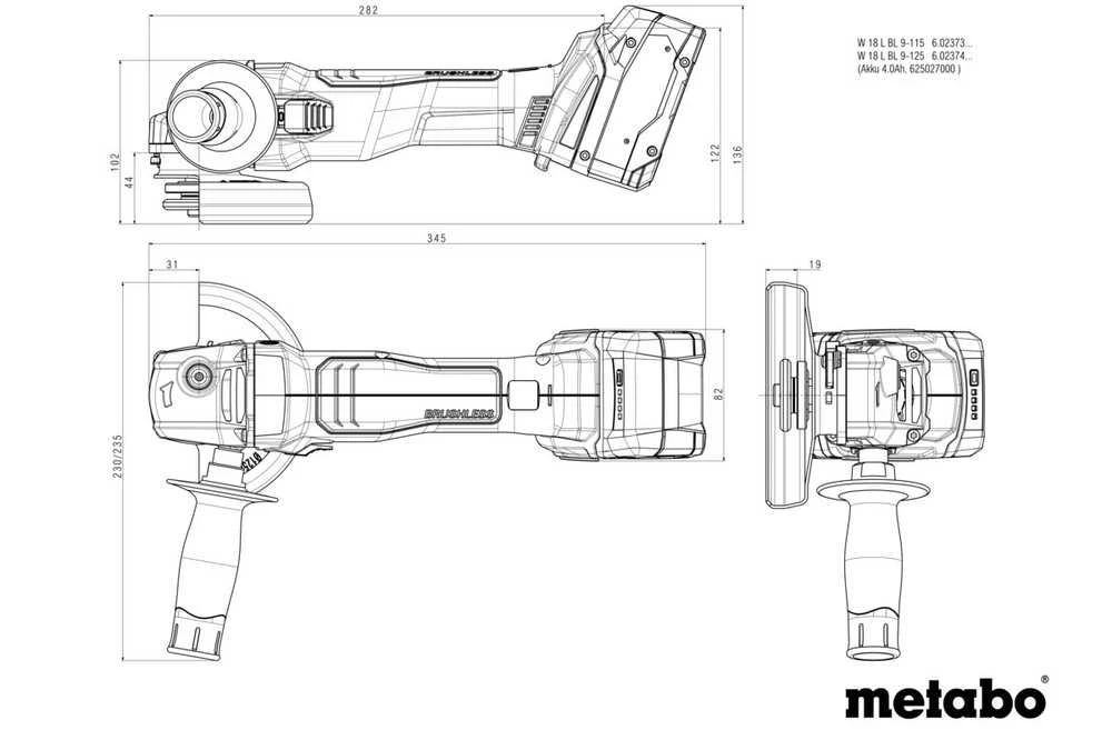 METABO.šlifuoklis KĄT.W 18 L BL 9-125 CARCASS METABOX