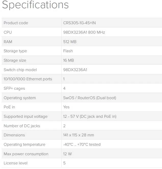 Maršrutizatorius MIKROTIK CRS305-1G-4S+IN komutatorius 1x RJ45 1000Mb/s 4x SFP+