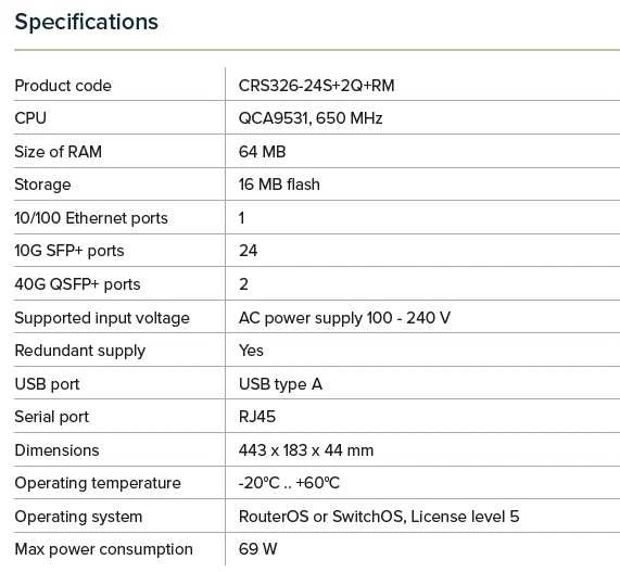 MikroTik Cloud Maršrutizatorius Switch 326-24S+2Q+RM su RouterOS L5, 1U ant stovo montuojamas korpusas | MikroTik