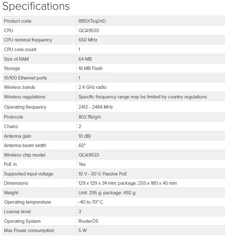 Maršrutizatorius MIKROTIK RBSXTsq2nD SXTsq Lite2 CPE 2.4GHz 1x RJ45 100Mb/s Antenna