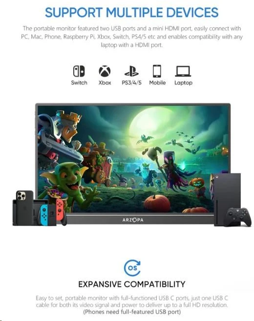 Paskutinis išpardavimas Arzopa Z1C nešiojamas monitorius 16.1" IPS Full HD 1080p metalinis korpusas nešiojamas monitorius, juodas