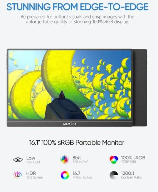 Paskutinis išpardavimas Arzopa Z1C nešiojamas monitorius 16.1" IPS Full HD 1080p metalinis korpusas nešiojamas monitorius, juodas