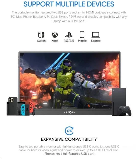 Monitorius Arzopa Z1FC Portable Monitorius 16.1" 144hz IPS Full HD 1080p Metal Housing Przenośny monitorius + pouzdro