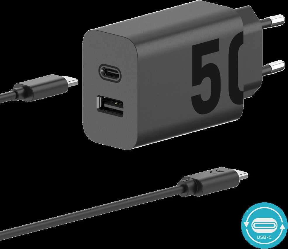 Įkroviklis Motorola TurboPower 50W dvigubas USB-C/USB-A su USB-C laidu 1m juodos spalvos