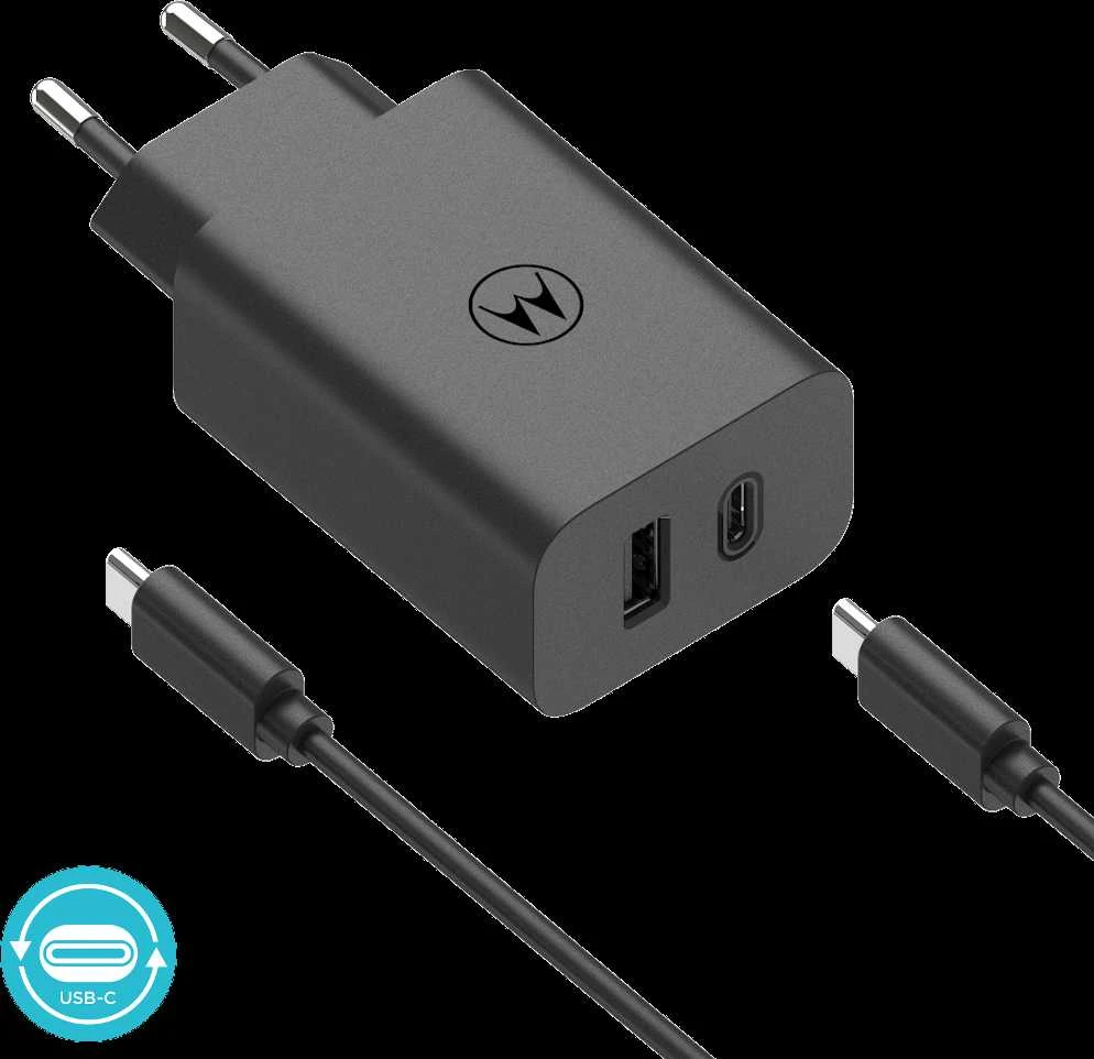 Įkroviklis Motorola TurboPower 50W dvigubas USB-C/USB-A su USB-C laidu 1m juodos spalvos