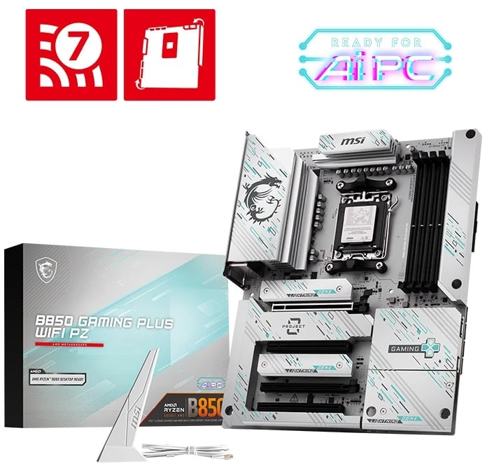 Pagrindinė plokštė MSI B850 GAMING PLUS WIFI PZ | Procesorių šeima AMD B850 | Procesoriaus lizdas AM5 | DDR5 | Palaikomos standžiojo disko sąsajos SATA, M.2 | SATA jungčių skaičius 4