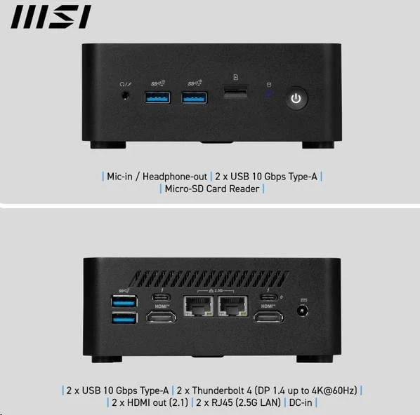 Mini stacionarus kompiuteris MSI Cubi NUC 1MG-238BEU barebone Core 5 / Wi-Fi 6E + BT / 2×2.5 Gbps (juodas)