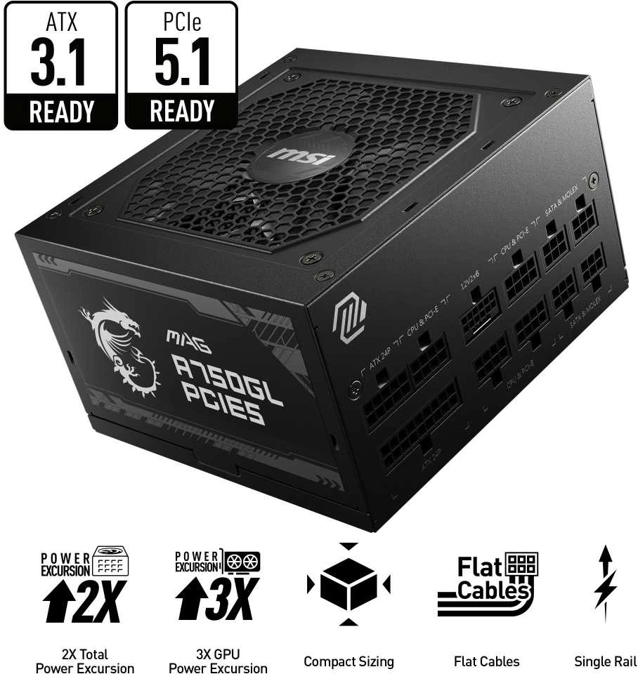 Maitinimo šaltinis MSI MAG A750GL PCIE5, 750 W, 80 Plus Gold
