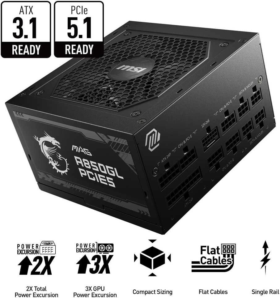 Maitinimo Blokas MSI MAG A850GL PCIE5/ATX 3.0 Compatible/PCIe 5.0 Ready/80 PLUS Gold/850W