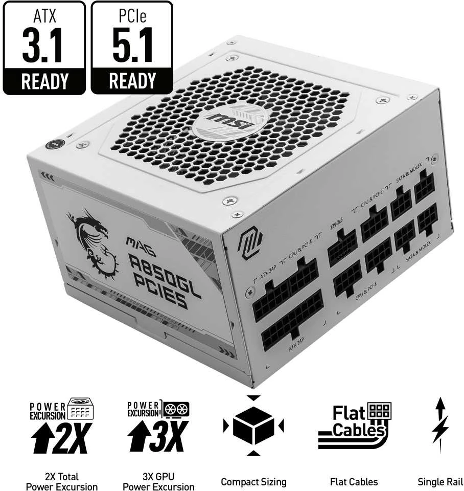 MSI Maitinimo šaltinis MAG A850GL PCIE5 WHITE / 80 PLUS Gold / 850W / Active PFC