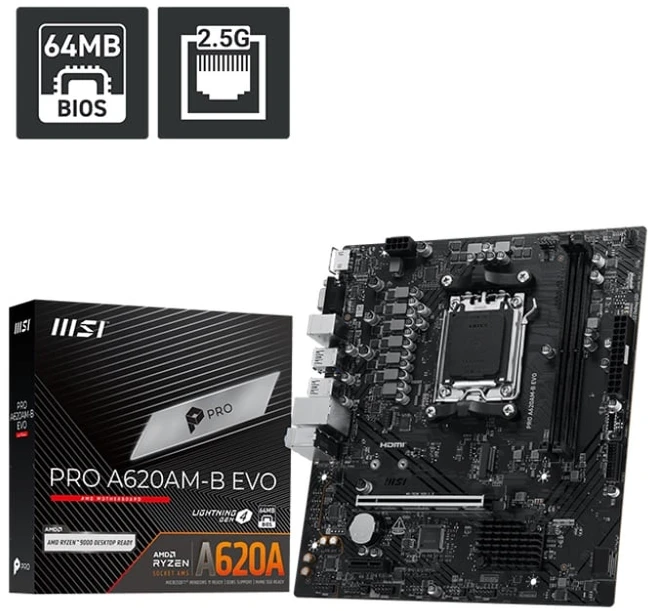 Pagrindinė plokštė MSI PRO A620AM-B EVO | Procesorių šeima AMD | Procesoriaus lizdas AM5 | DDR5 | Palaikomos standžiojo disko sąsajos SATA, M.2 | SATA jungčių skaičius 2