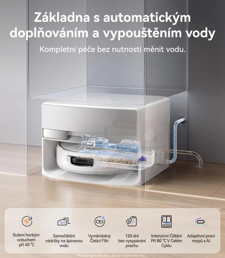 „Narwal Flow“ kompaktiška stotelė – dirbtinio intelekto robotinis dulkių siurblys su diržine šluoste ir savaiminio valymo stotele su atliekų surinkimo jungtimi