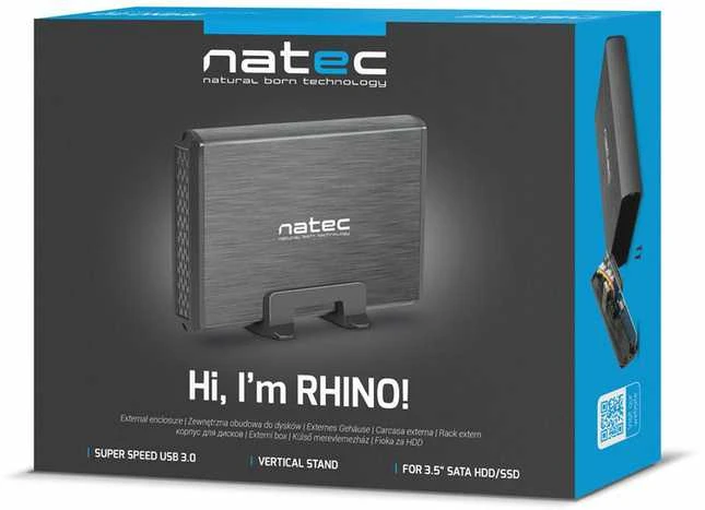 Kietasis diskas NATEC NKZ-0448 RHINO išorinis USB 3.0 korpusas skirtas 3,5 colio SATA HDD juodas aliuminis