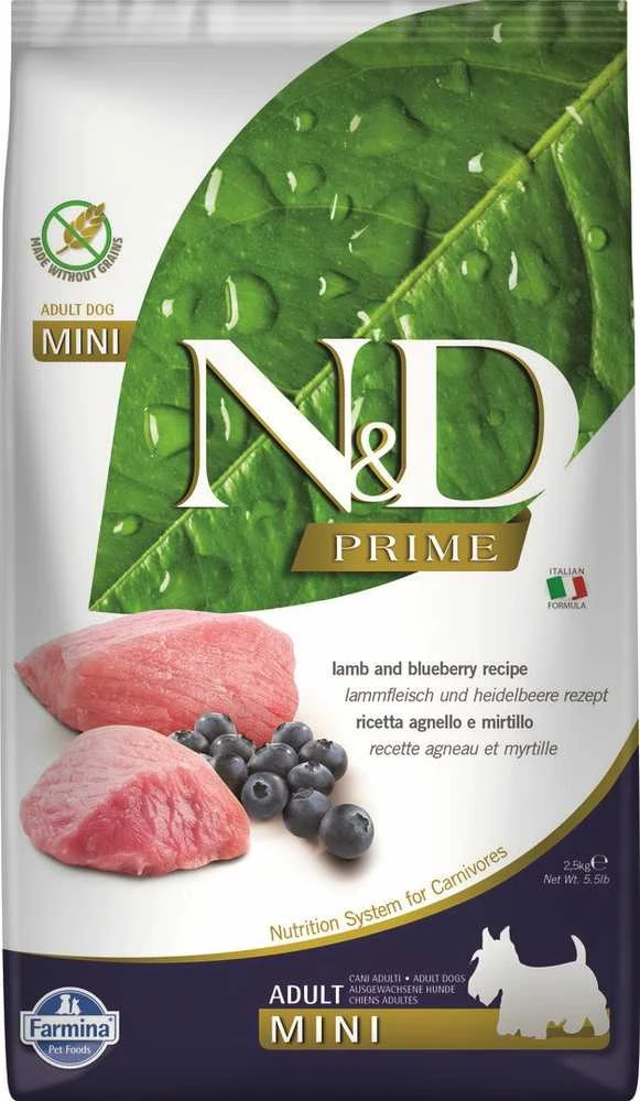 FARMINA N&D PRIME - sausas šunų maistas suaugusiems su ėriena ir mėlynėmis, mini dydžio, 2,5kg