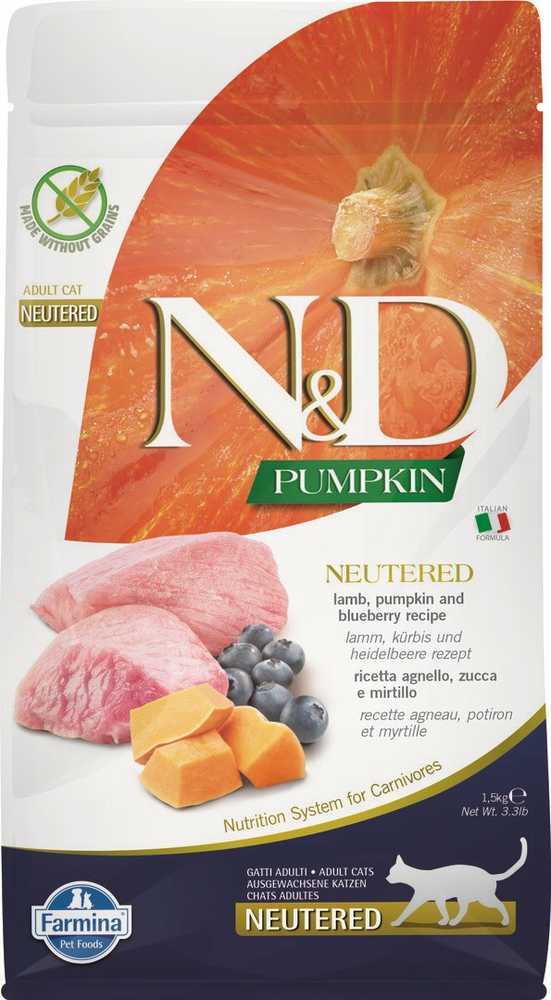 FARMINA N&D moliūgas kačių ėriena ir mėlynių kastruotas suaugusiems - sausas kačių maistas - 1,5kg