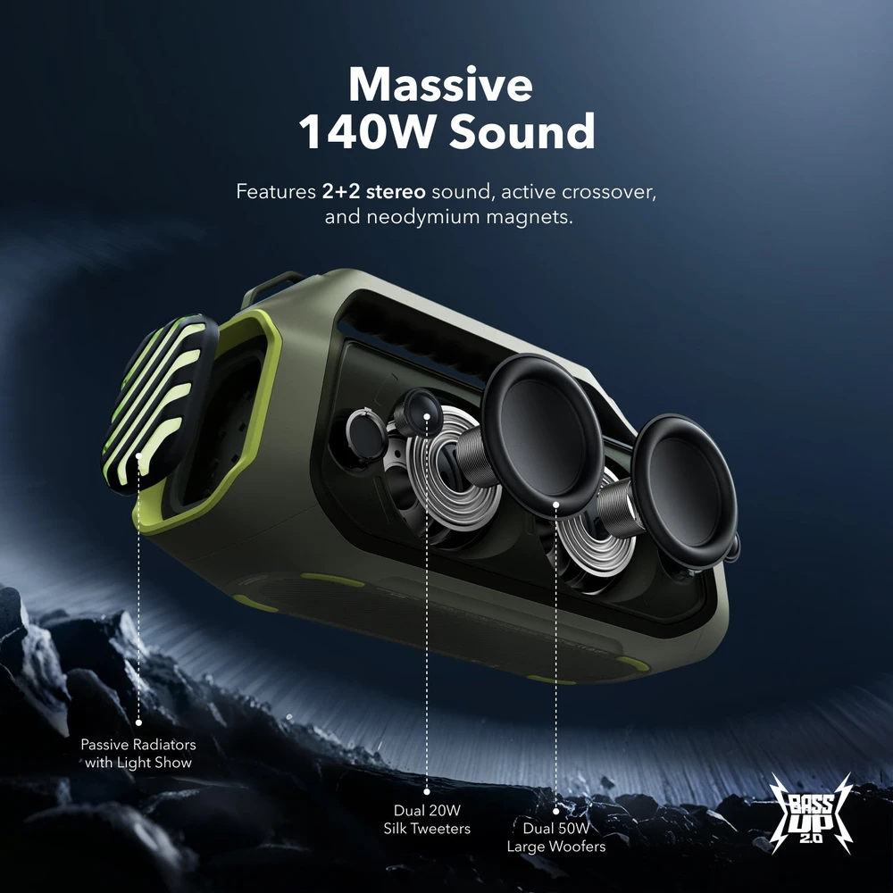 Nešiojama belaidė kolonėlė Soundcore Boom 2 Plus, 140 W, Bluetooth 6.0, IPX7, žalios spalvos
