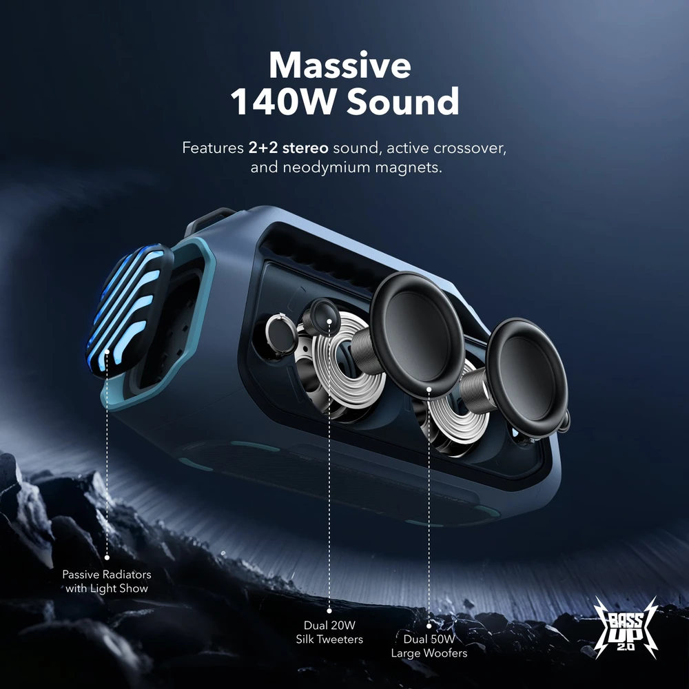 Nešiojama belaidė kolonėlė Soundcore Boom 2 Plus, 140 W, Bluetooth 6.0, IPX7, mėlynos spalvos