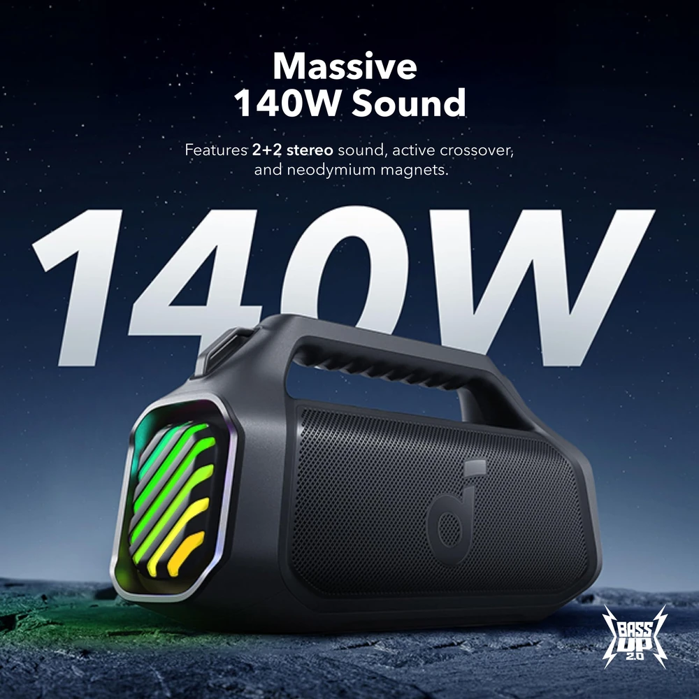 Nešiojama belaidė kolonėlė Soundcore Boom 2 Plus, 140 W, Bluetooth 6.0, IPX7, juodos spalvos