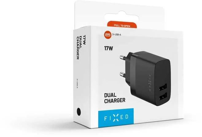 Fixed Fiksuotas | Dvigubas USB kelioninis įkroviklis 17W | FIXC17N-2U-BK