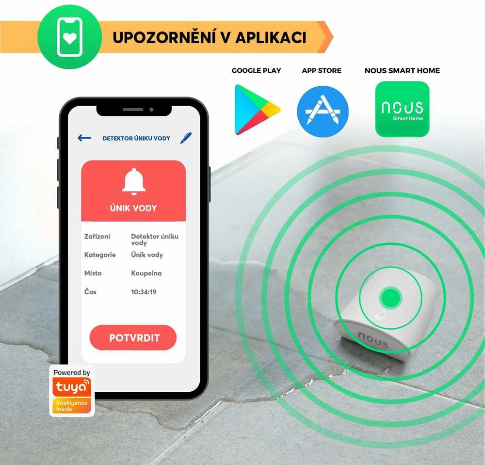 Išmanusis vandens nuotėkio jutiklis E4, ZigBee, TUYA / Smart Life, NOUS