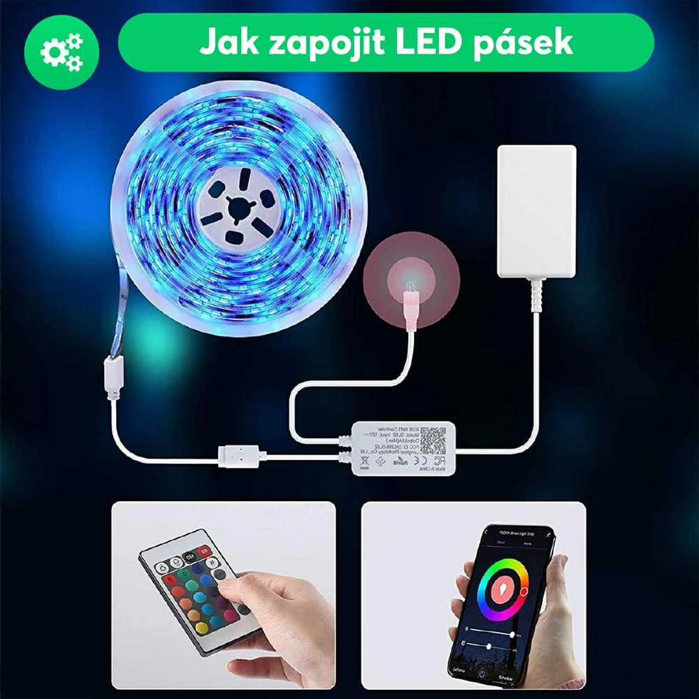 LED juostos komplektas su Wi-Fi valdikliu ir maitinimo šaltiniu, RGB, 5m, 24W, TUYA / Smart Life, NOUS