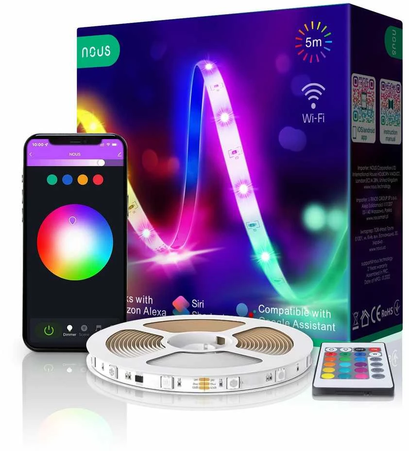 LED juostos komplektas su Wi-Fi valdikliu ir maitinimo šaltiniu, RGB, 5m, 24W, TUYA / Smart Life, NOUS
