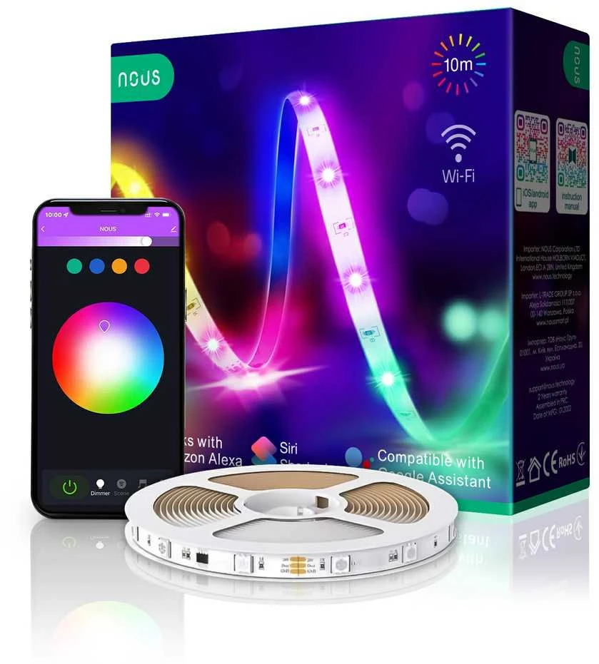 LED juostos komplektas su Wi-Fi valdikliu ir maitinimo šaltiniu, RGB, 10m, 36W, TUYA / Smart Life, NOUS
