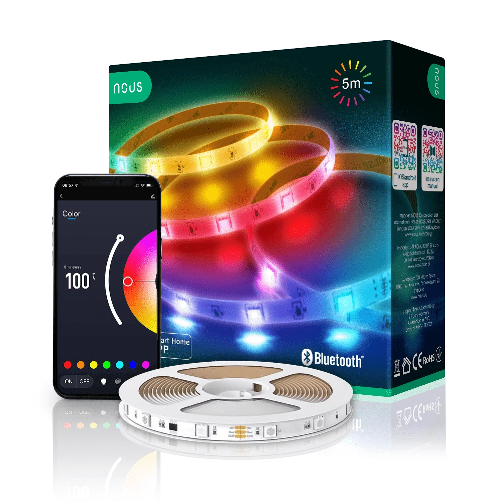 LED juostos komplektas su Bluetooth valdikliu ir maitinimo šaltiniu, RGB, 5m, 24W, TUYA / Smart Life, NOUS