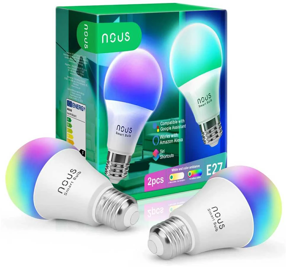 Lemputė LED E27, 230V, 9W, 810lm, 2700K - 6500K, RGB, išmanioji Wi-Fi, valdoma programėle, TUYA / Smart Life, P3 (2vnt. kompl.), NOUS