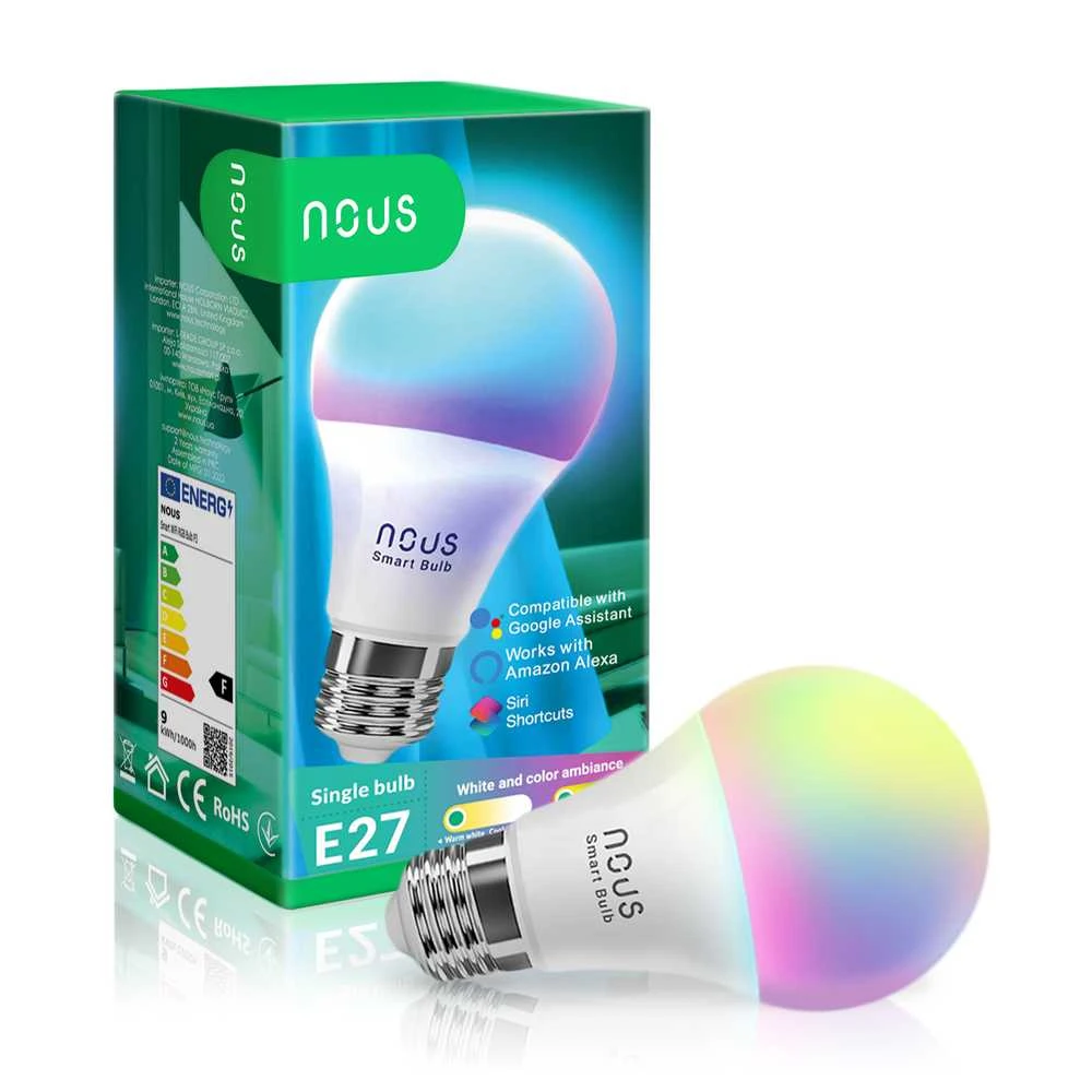 Lemputė LED E27, 230V, 9W, 810lm, 2700K - 6500K, RGB, išmanioji Wi-Fi, valdoma programėle, TUYA / Smart Life, P3, NOUS