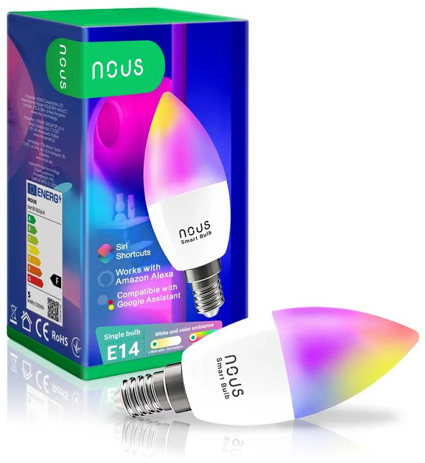 Lemputė LED E14, 230V, 4,5W, 380lm, 2700K - 6500K, RGB, išmanioji Wi-Fi, valdoma programėle, TUYA / Smart Life, P4, NOUS