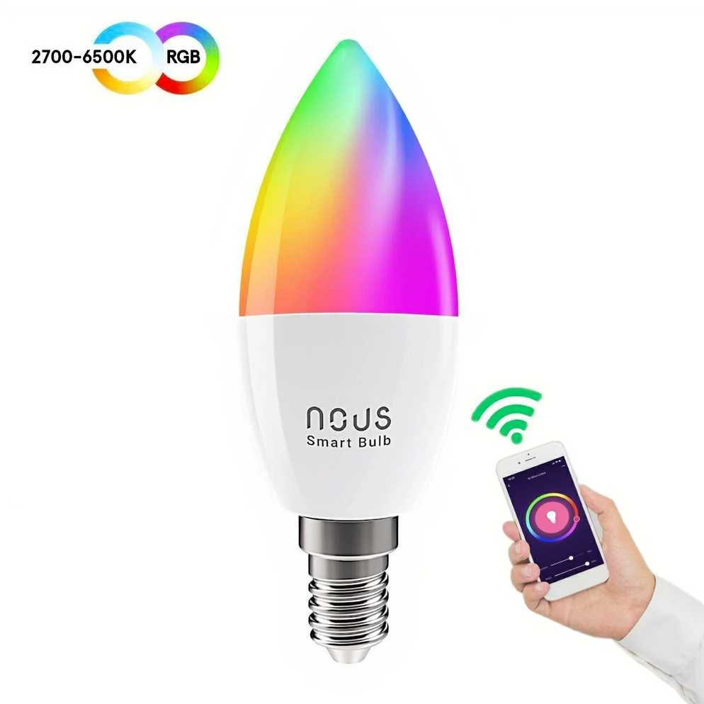 Lemputė LED E14, 230V, 4,5W, 380lm, 2700K - 6500K, RGB, išmanioji Wi-Fi, valdoma programėle, TUYA / Smart Life, P4, NOUS
