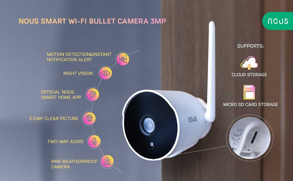 Wi-Fi lauko kamera W7P, 1080P, Micro-SD kortelės lizdas, IP66, TUYA / Smart Life, NOUS